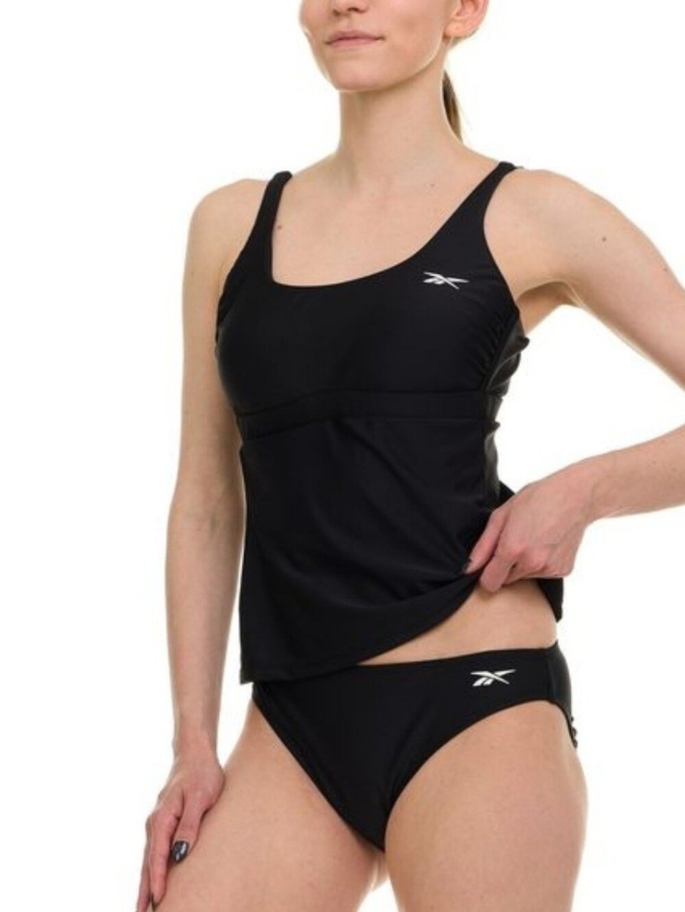 Reebok 2 Piece Black Athletic Tankini Top with White Logo